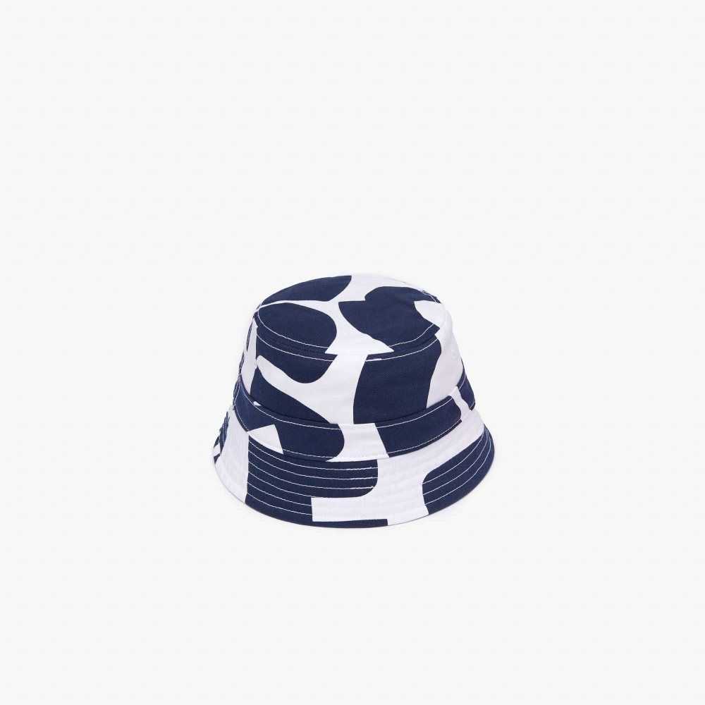 Navy Blue / White Lacoste Heritage Reversible Print Or Solid Cotton Bucket Hat | EPBDSC-405