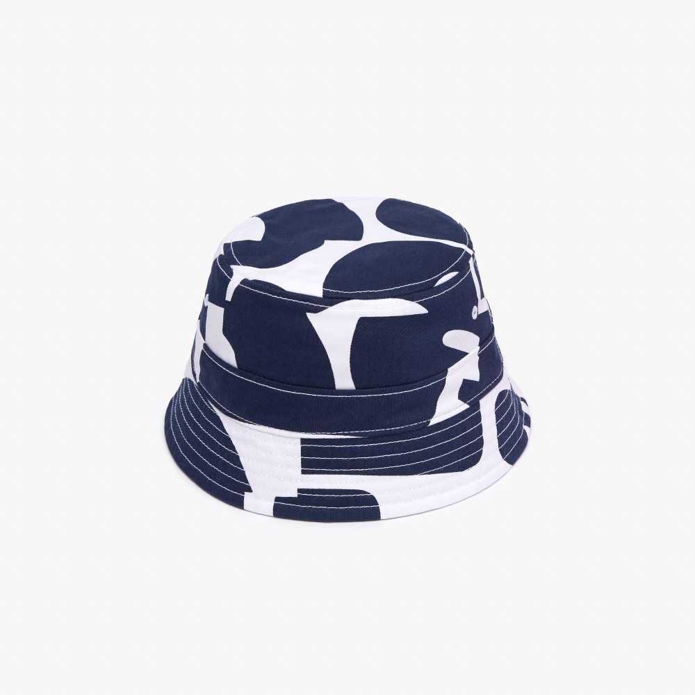 Navy Blue / White Lacoste Heritage Reversible Print Or Solid Cotton Bucket Hat | EPBDSC-405