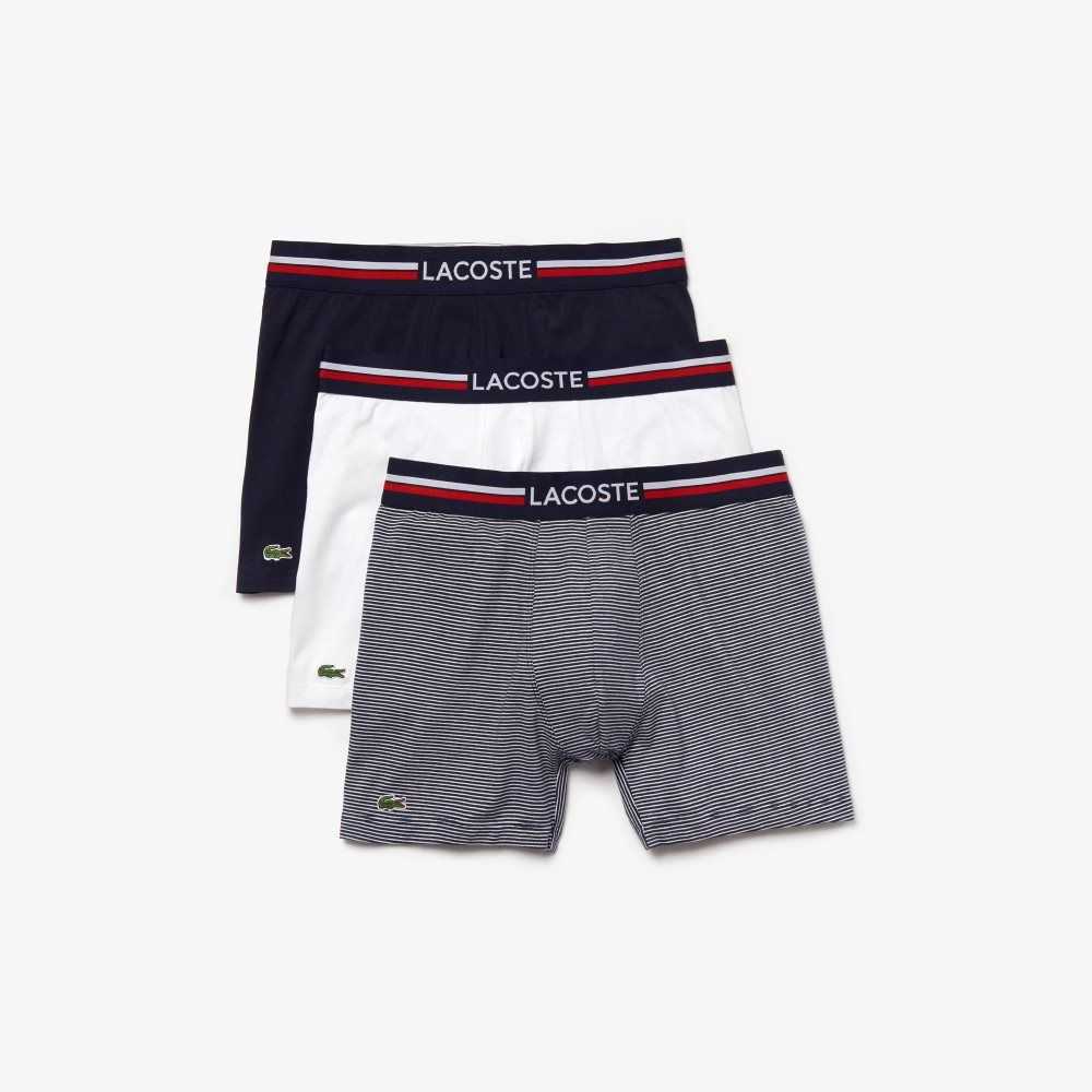 Navy Blue / White Lacoste Long Stretch Cotton Jersey Boxer Brief 3-Pack | DUPVFS-572