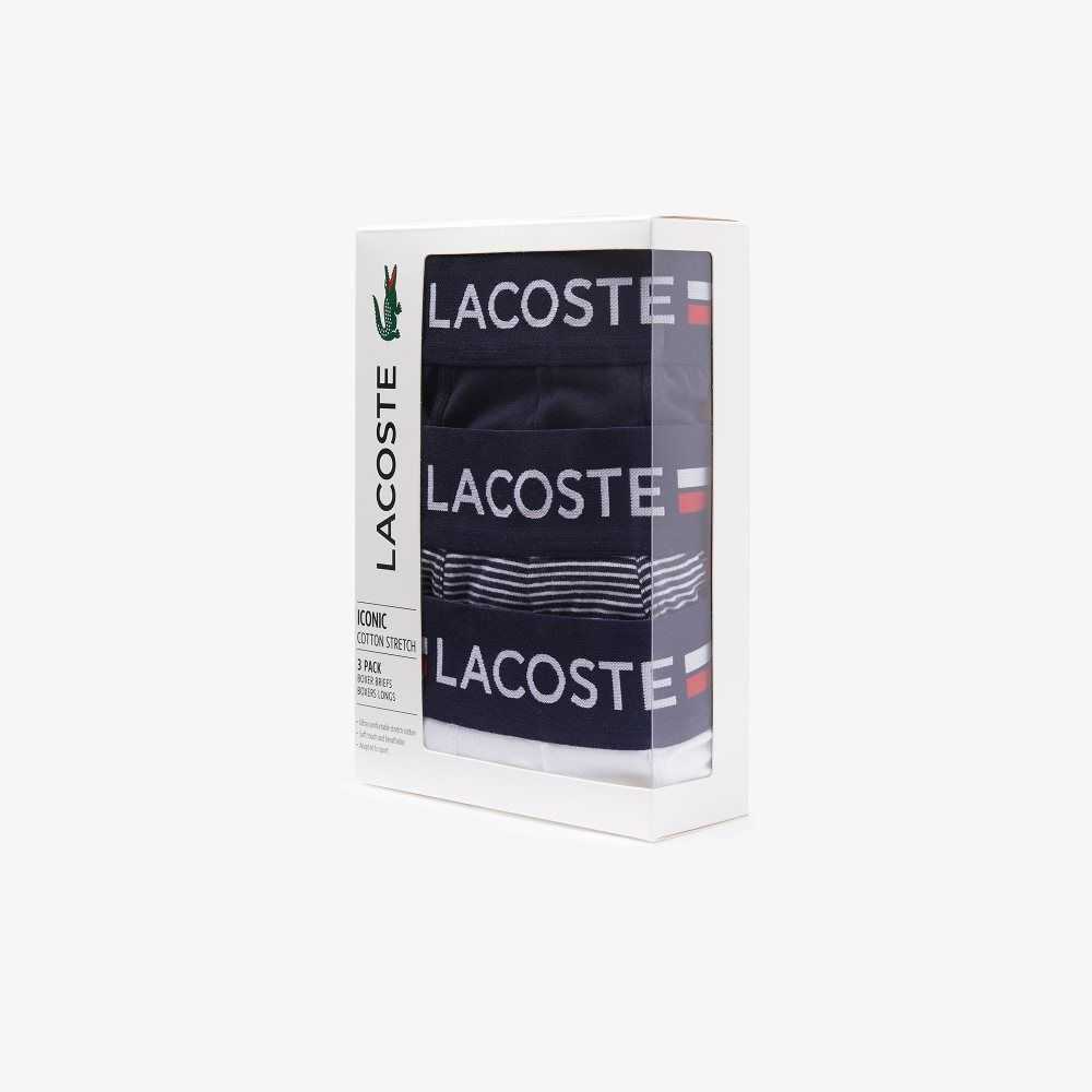 Navy Blue / White Lacoste Long Stretch Cotton Jersey Boxer Brief 3-Pack | DUPVFS-572