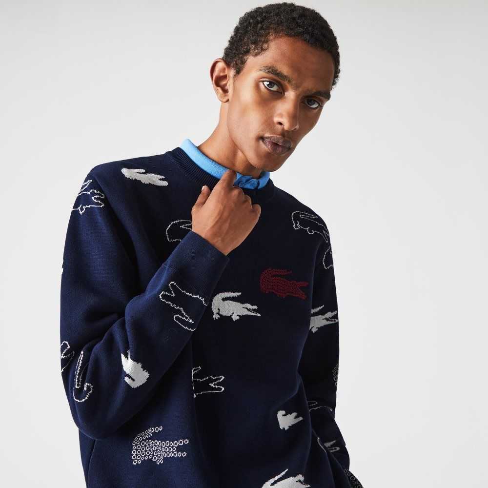 Navy Blue / White Lacoste Made In France Crew Neck Organic Cotton Jacquard Sweater | ZUVLES-987