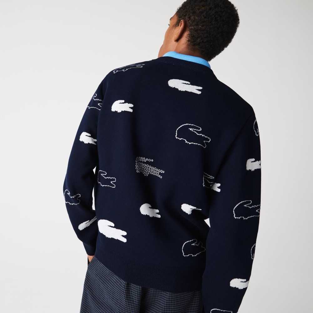 Navy Blue / White Lacoste Made In France Crew Neck Organic Cotton Jacquard Sweater | ZUVLES-987