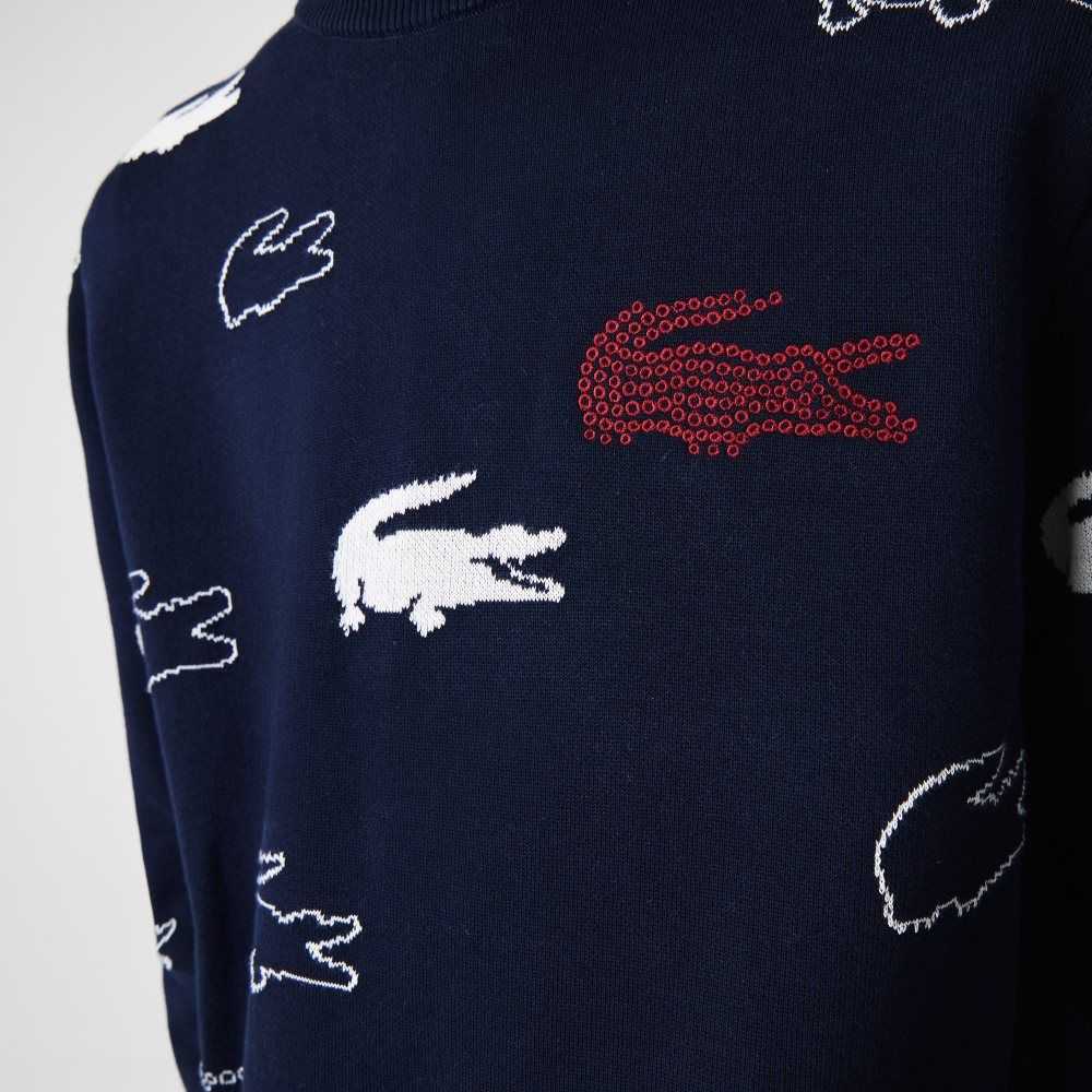 Navy Blue / White Lacoste Made In France Crew Neck Organic Cotton Jacquard Sweater | ZUVLES-987