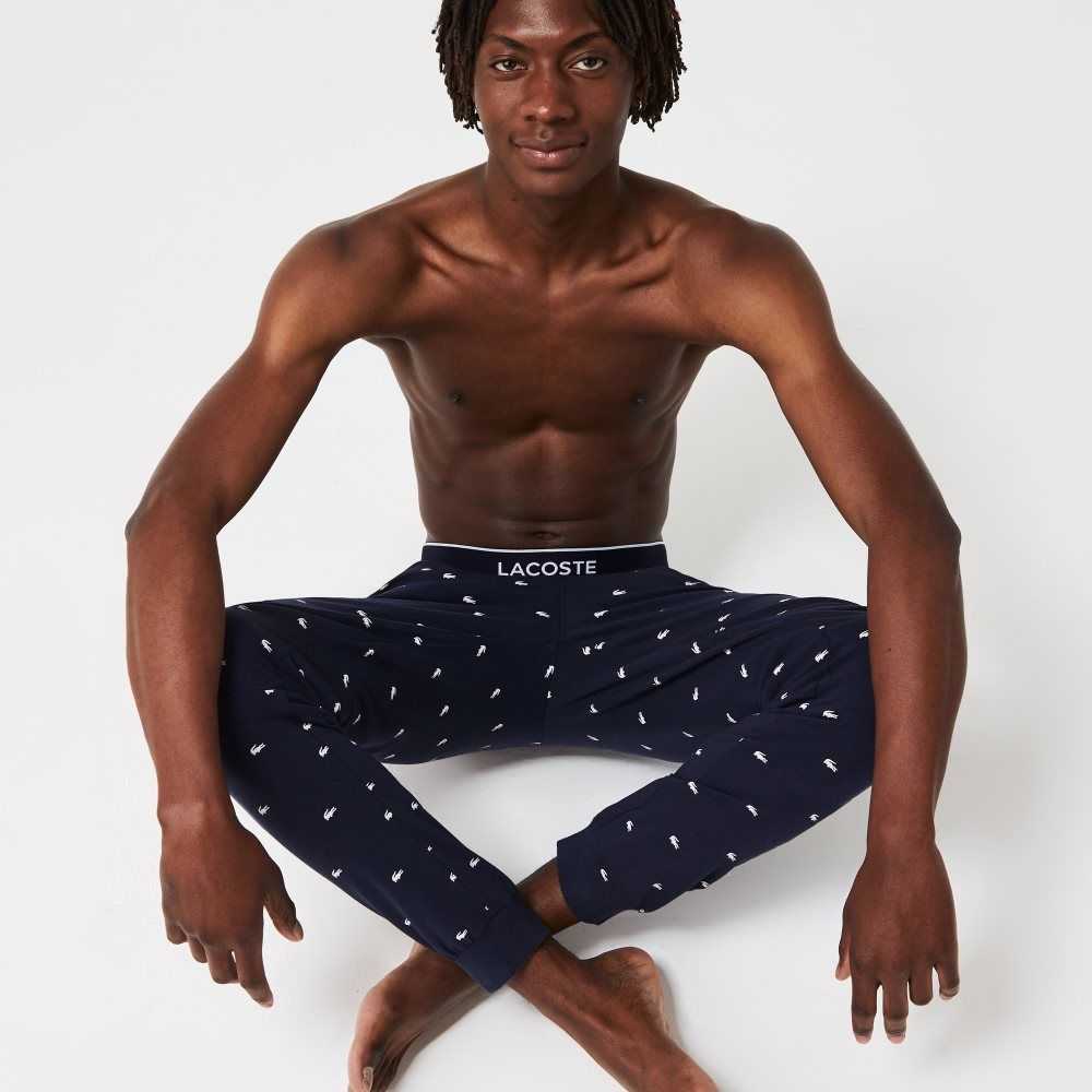 Navy Blue / White Lacoste Printed Jersey Pajama Pants | TUWOEP-815