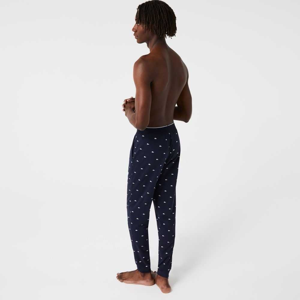 Navy Blue / White Lacoste Printed Jersey Pajama Pants | TUWOEP-815