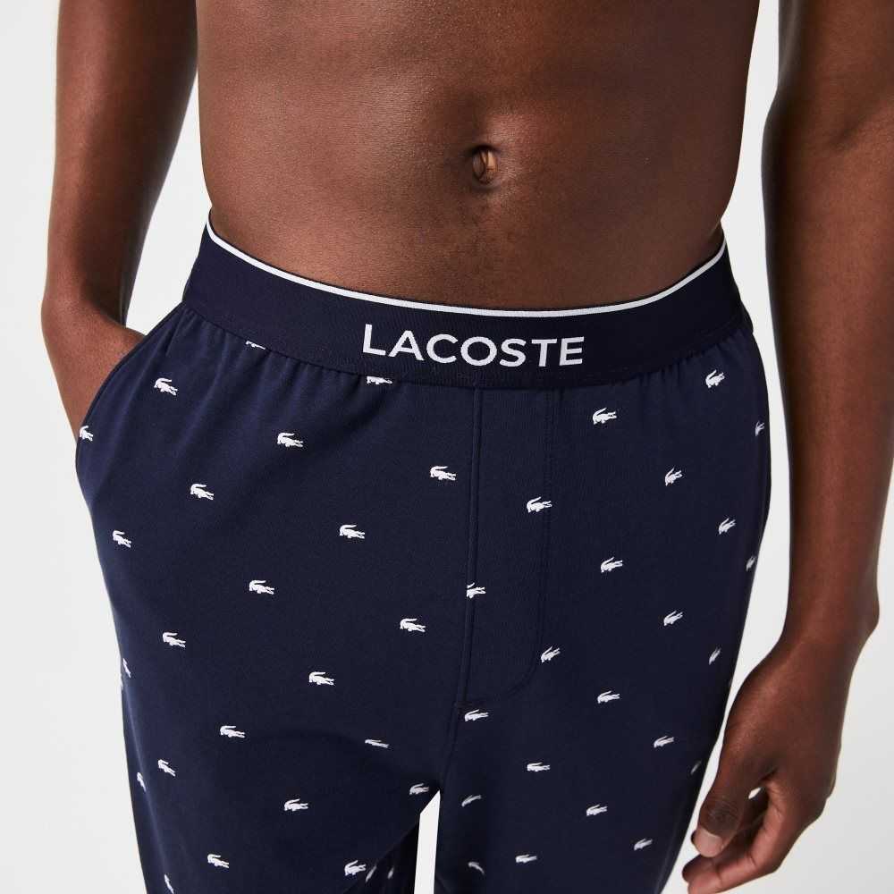 Navy Blue / White Lacoste Printed Jersey Pajama Pants | TUWOEP-815