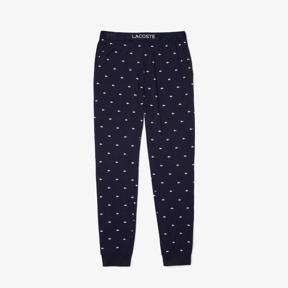 Navy Blue / White Lacoste Printed Jersey Pajama Pants | TUWOEP-815