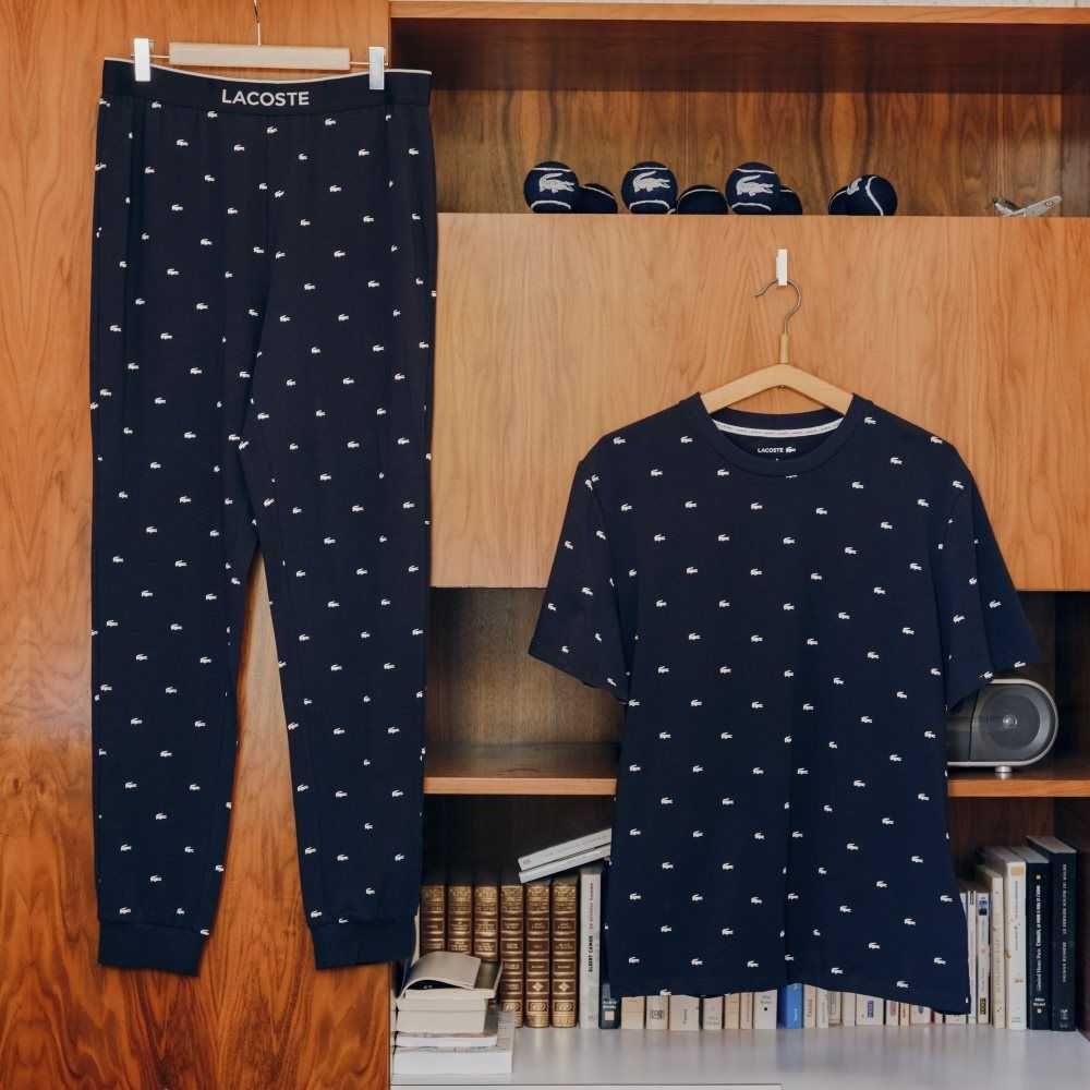 Navy Blue / White Lacoste Printed Jersey Pajama Pants | TUWOEP-815