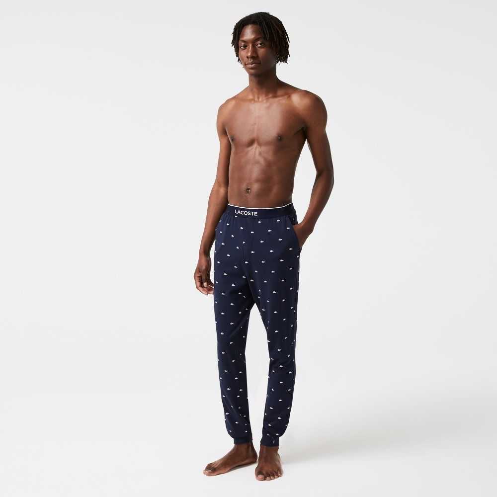 Navy Blue / White Lacoste Printed Jersey Pajama Pants | TUWOEP-815