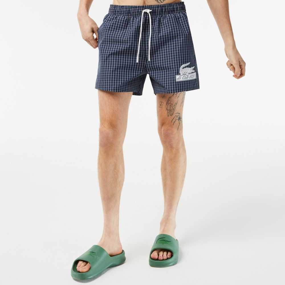 Navy Blue / White Lacoste Recycled Polyester Checked Swim Trunks | EHADTC-807