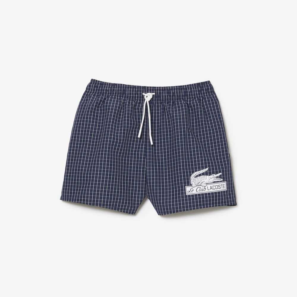 Navy Blue / White Lacoste Recycled Polyester Checked Swim Trunks | EHADTC-807