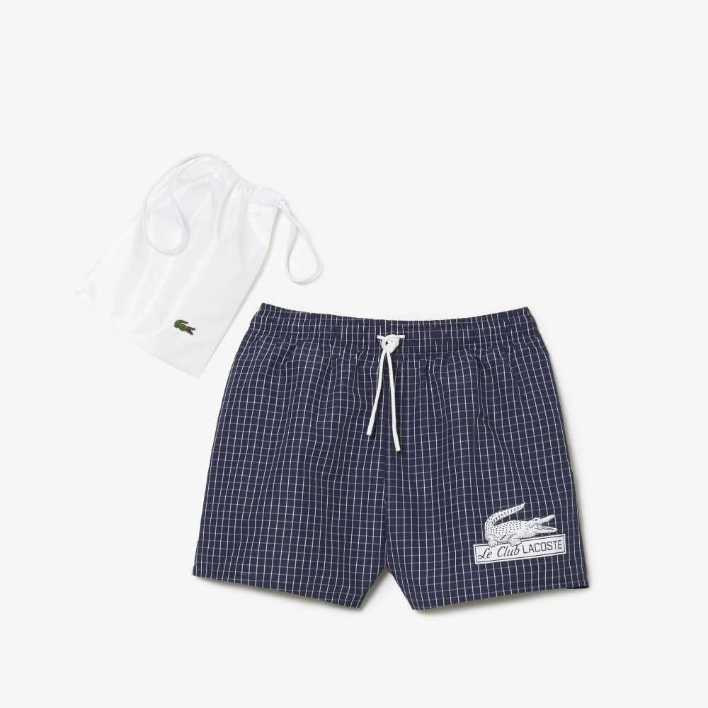 Navy Blue / White Lacoste Recycled Polyester Checked Swim Trunks | EHADTC-807