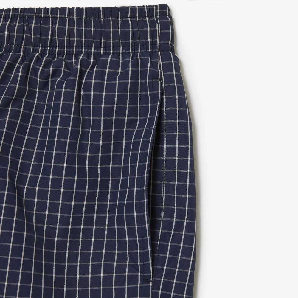 Navy Blue / White Lacoste Recycled Polyester Checked Swim Trunks | EHADTC-807