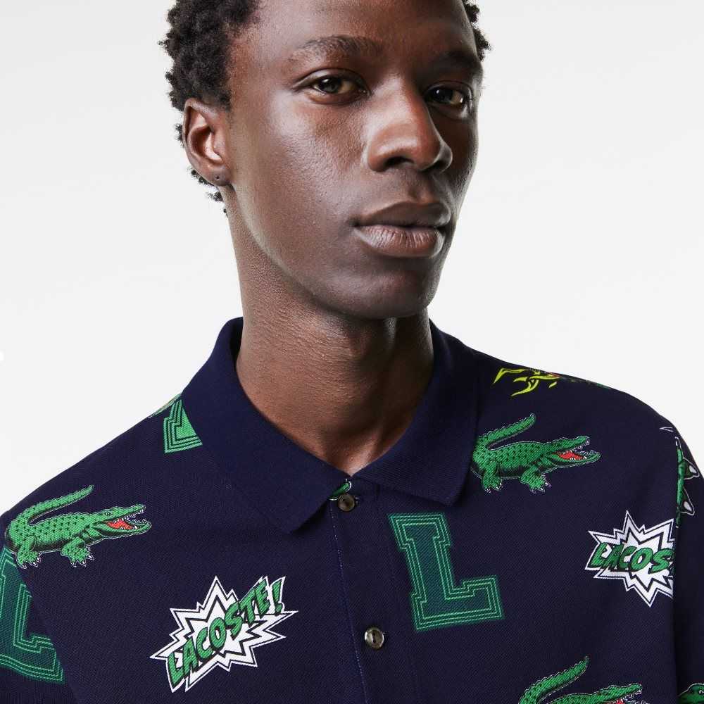 Navy Blue / White Lacoste Regular Fit Crocodile Print Polo | WDILEN-801