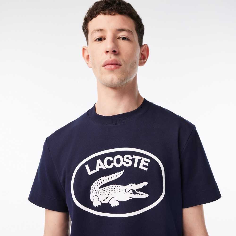 Navy Blue / White Lacoste Relaxed Fit Branded Cotton T-Shirt | PUDWYL-361