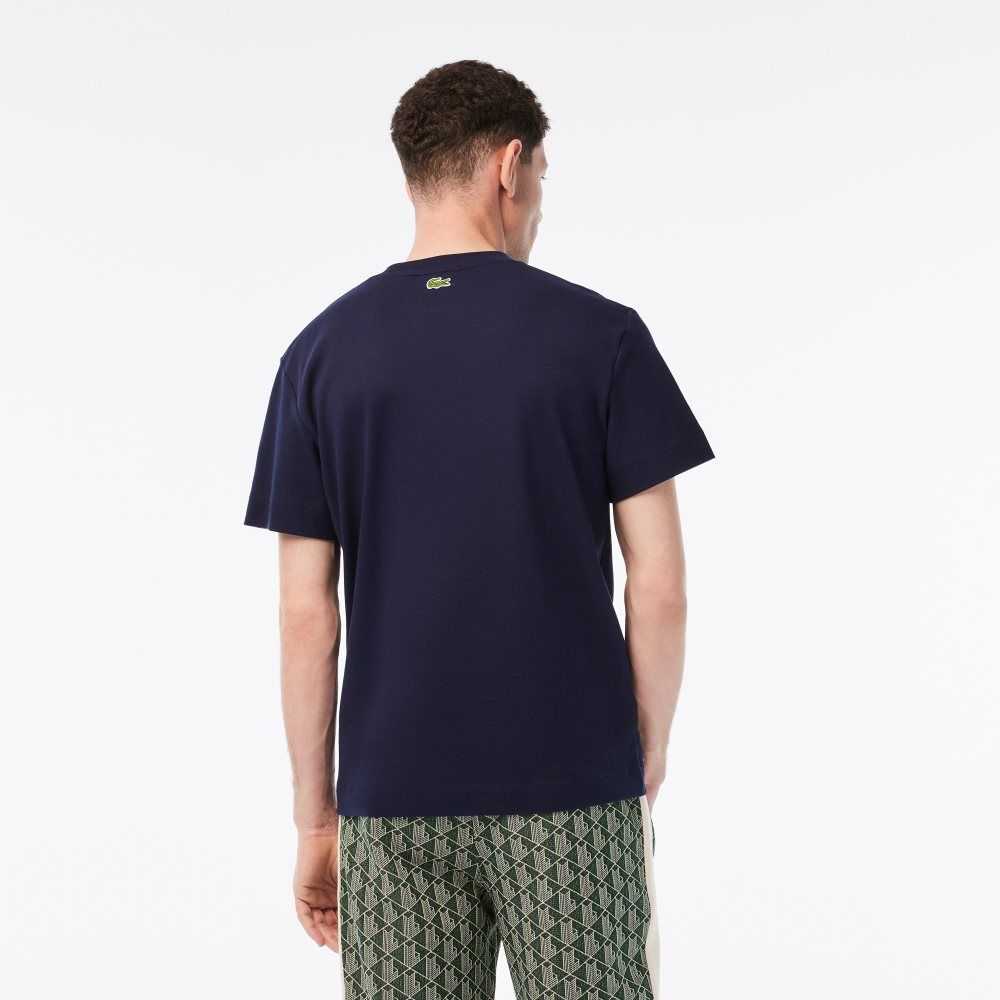 Navy Blue / White Lacoste Relaxed Fit Branded Cotton T-Shirt | PUDWYL-361