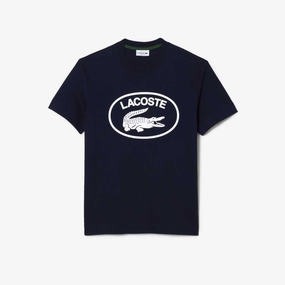 Navy Blue / White Lacoste Relaxed Fit Branded Cotton T-Shirt | PUDWYL-361