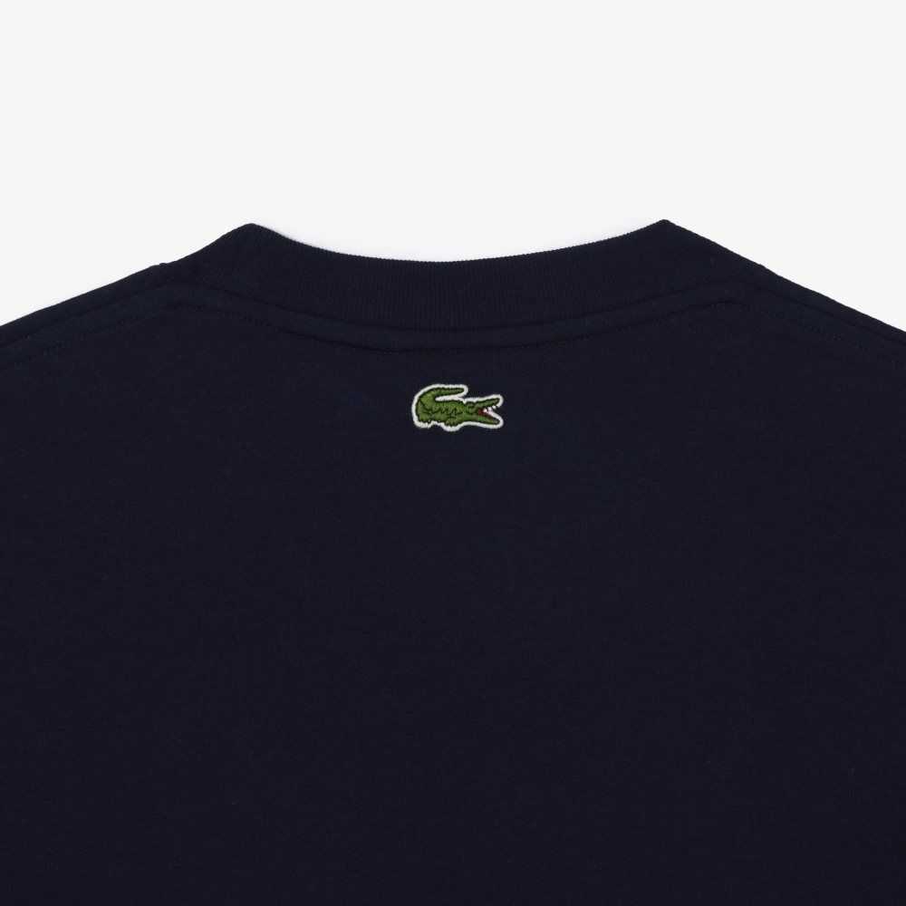 Navy Blue / White Lacoste Relaxed Fit Branded Cotton T-Shirt | PUDWYL-361