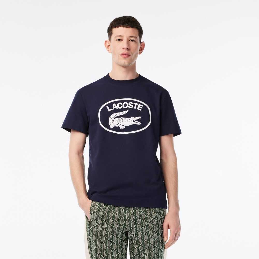 Navy Blue / White Lacoste Relaxed Fit Branded Cotton T-Shirt | PUDWYL-361