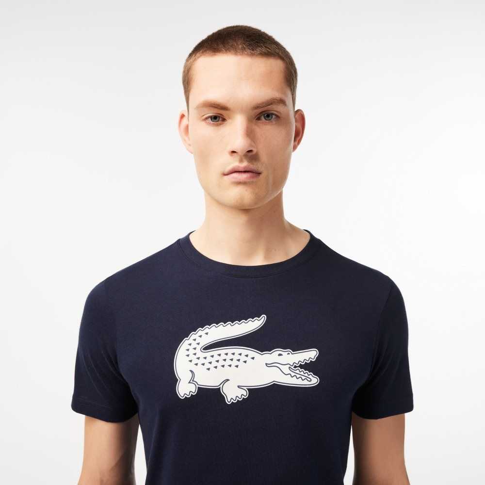 Navy Blue / White Lacoste SPORT 3D Print Crocodile Breathable Jersey T-Shirt | TIUVQF-237