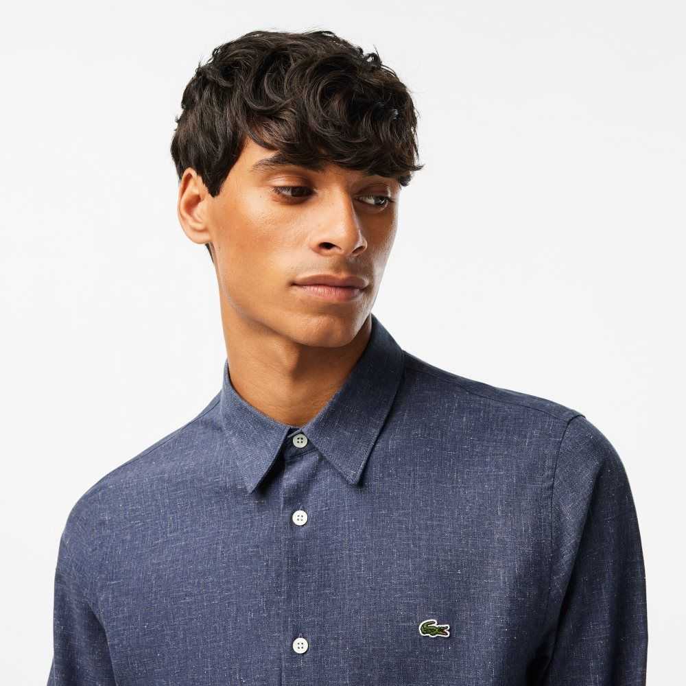 Navy Blue / White Lacoste Slim Fit Cotton Chambray Shirt | BSZGNA-783