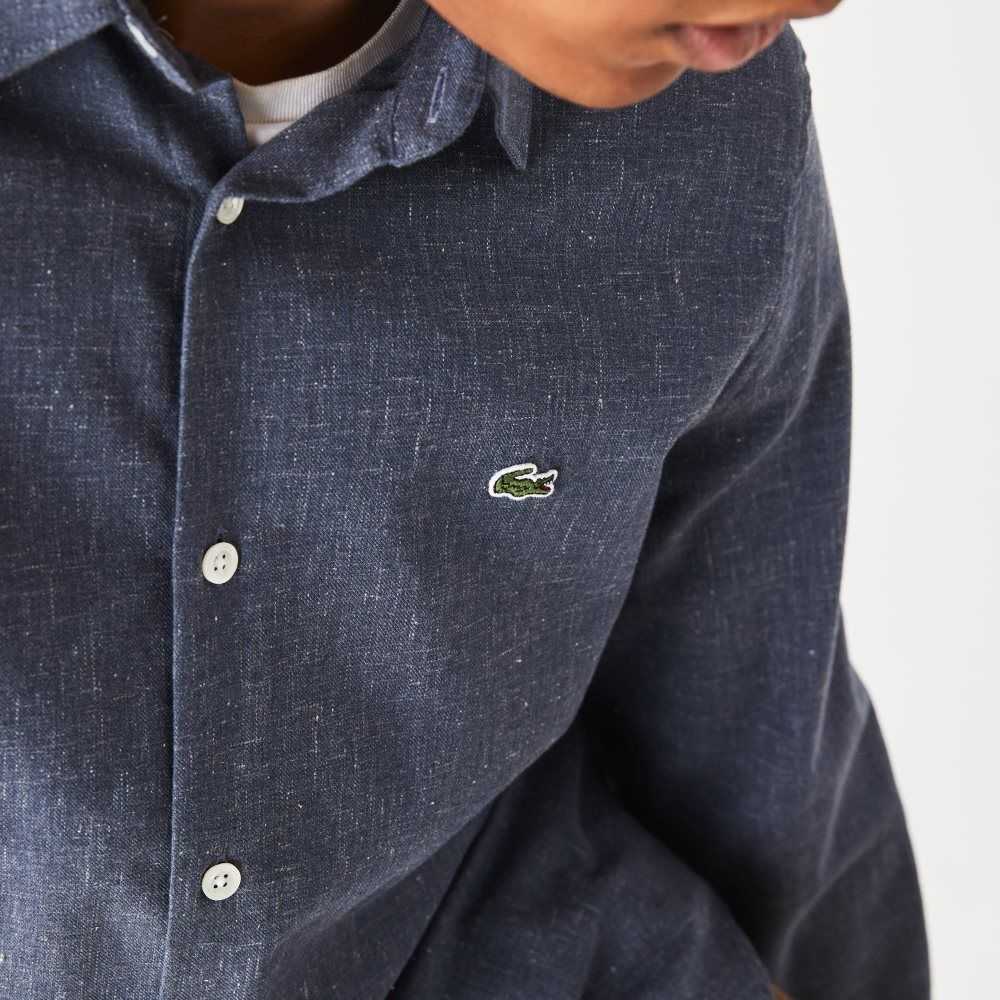 Navy Blue / White Lacoste Slim Fit Cotton Chambray Shirt | BSZGNA-783