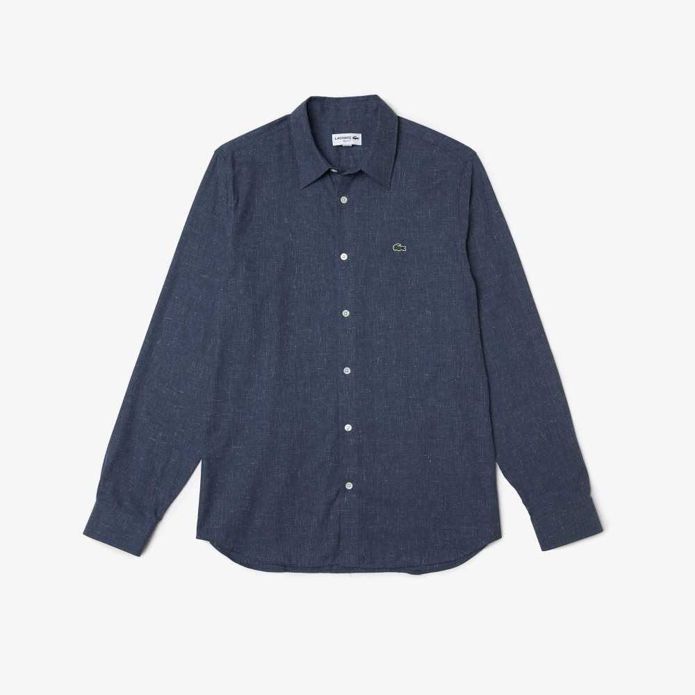 Navy Blue / White Lacoste Slim Fit Cotton Chambray Shirt | BSZGNA-783