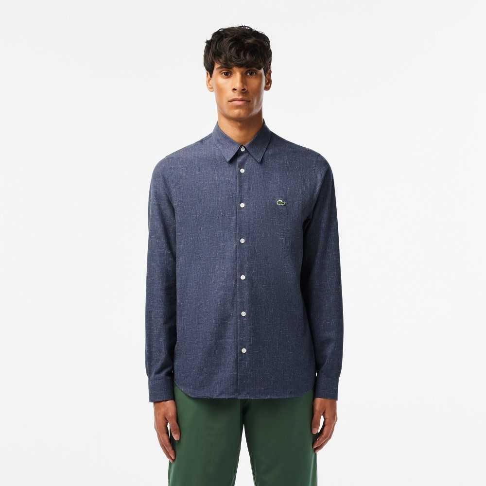 Navy Blue / White Lacoste Slim Fit Cotton Chambray Shirt | BSZGNA-783