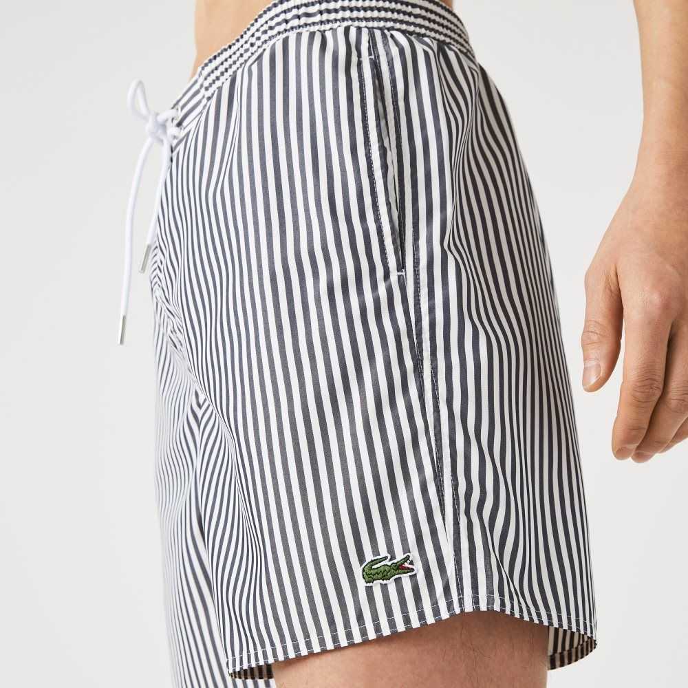 Navy Blue / White Lacoste Striped Swimming Trunks | LHZEUI-792