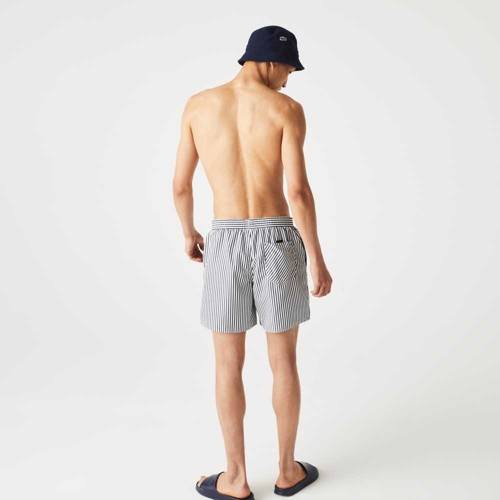 Navy Blue / White Lacoste Striped Swimming Trunks | LHZEUI-792