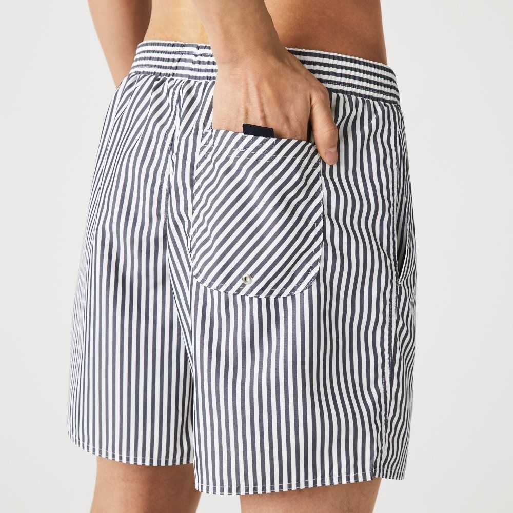 Navy Blue / White Lacoste Striped Swimming Trunks | LHZEUI-792