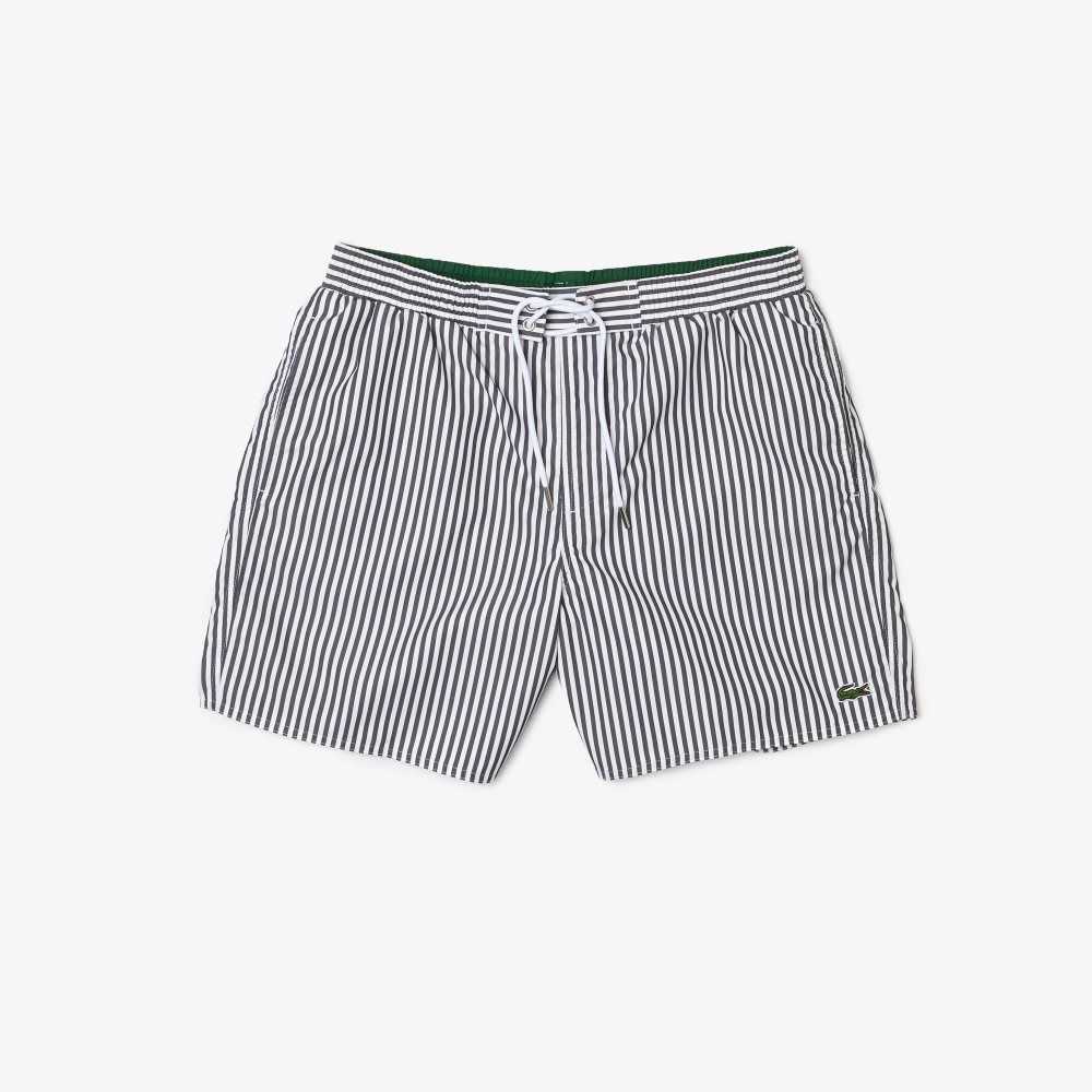 Navy Blue / White Lacoste Striped Swimming Trunks | LHZEUI-792