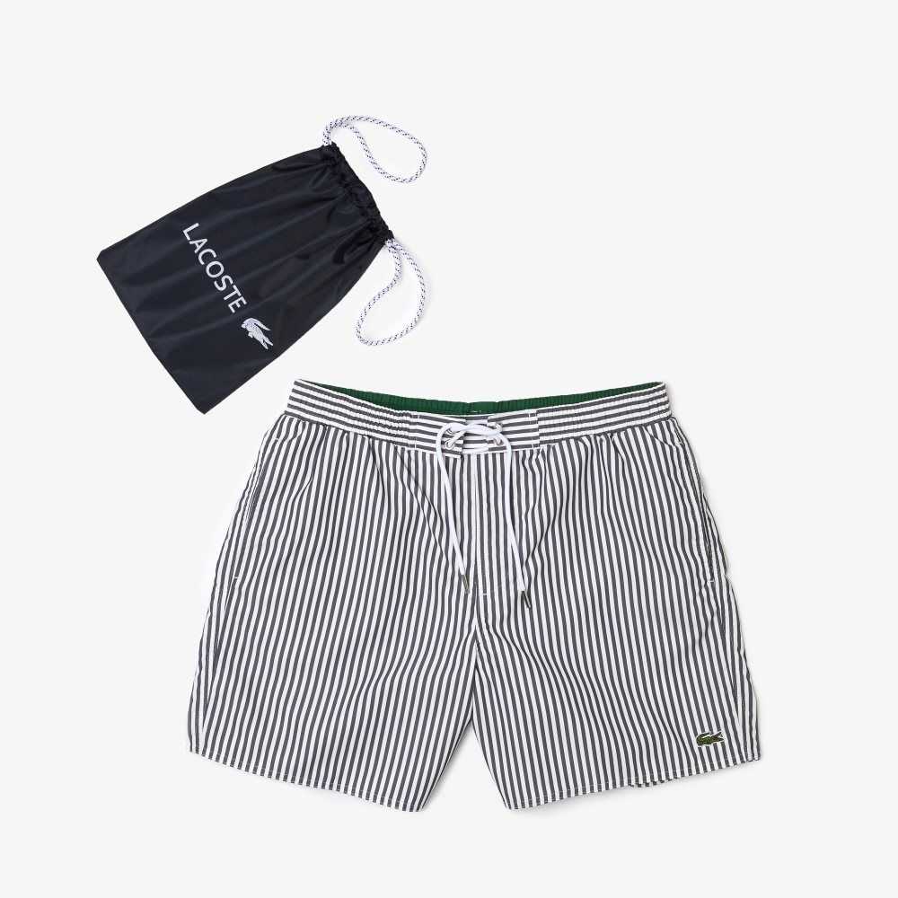 Navy Blue / White Lacoste Striped Swimming Trunks | LHZEUI-792