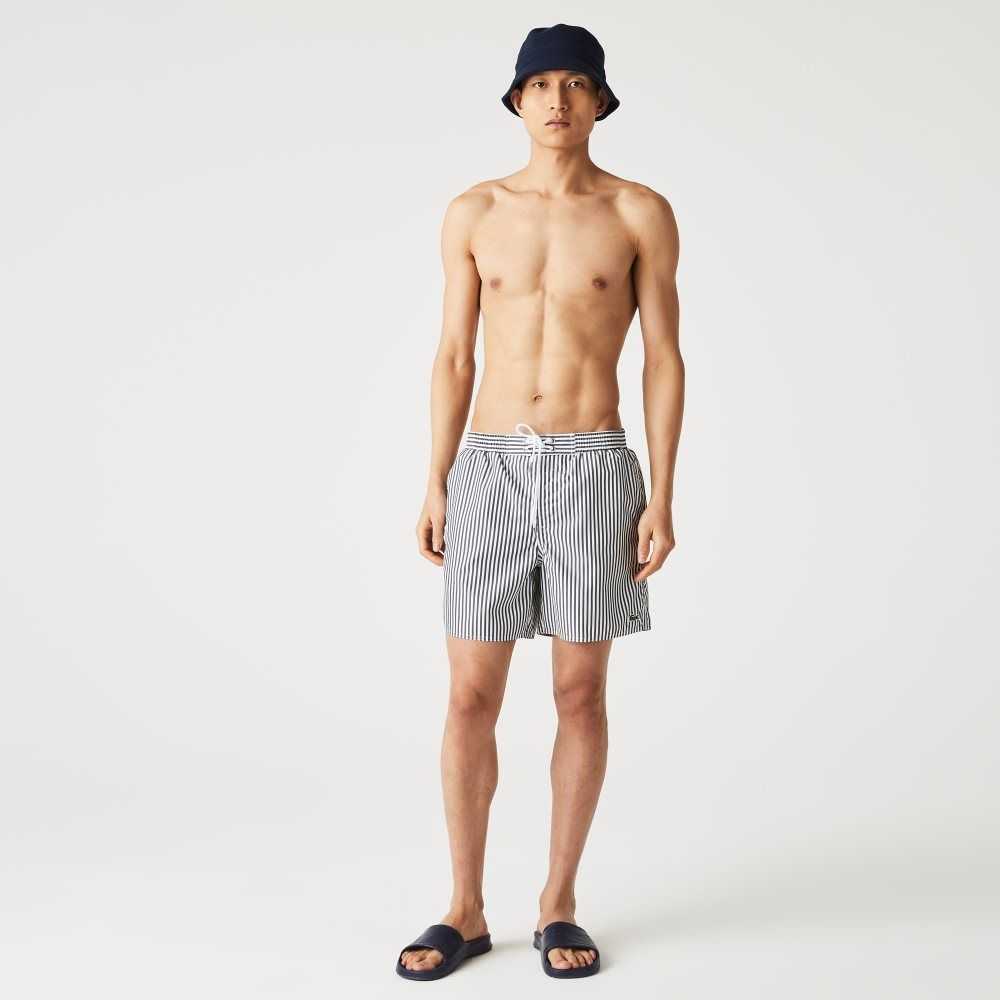 Navy Blue / White Lacoste Striped Swimming Trunks | LHZEUI-792