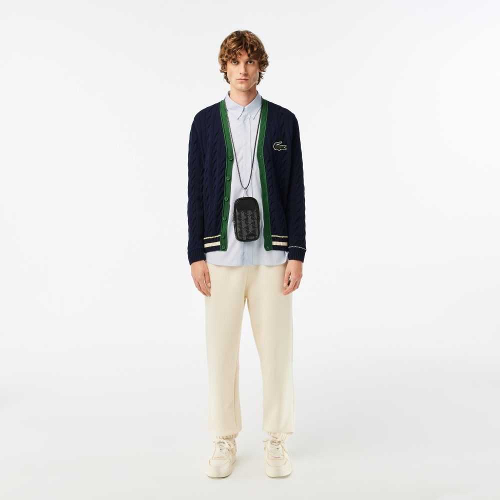 Navy Blue / White Lacoste V-Neck Cable Knit Organic Cotton Cardigan | DZCEMP-817