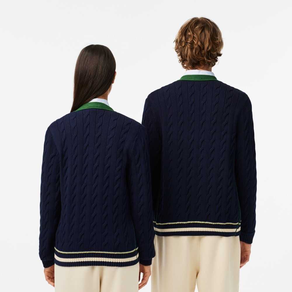 Navy Blue / White Lacoste V-Neck Cable Knit Organic Cotton Cardigan | DZCEMP-817