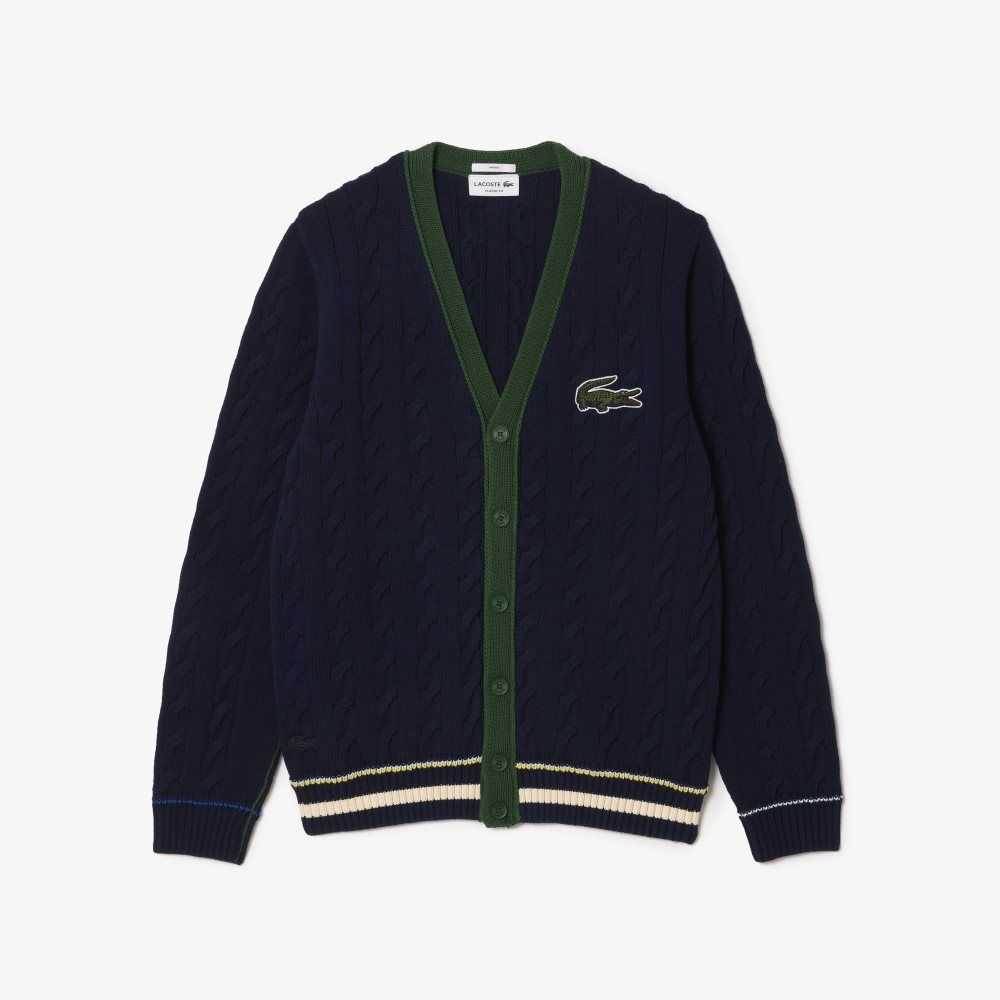 Navy Blue / White Lacoste V-Neck Cable Knit Organic Cotton Cardigan | DZCEMP-817