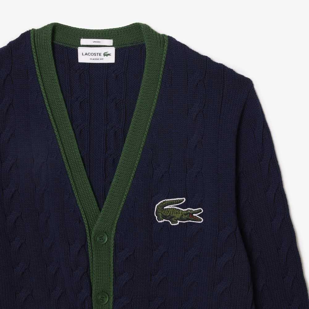 Navy Blue / White Lacoste V-Neck Cable Knit Organic Cotton Cardigan | DZCEMP-817