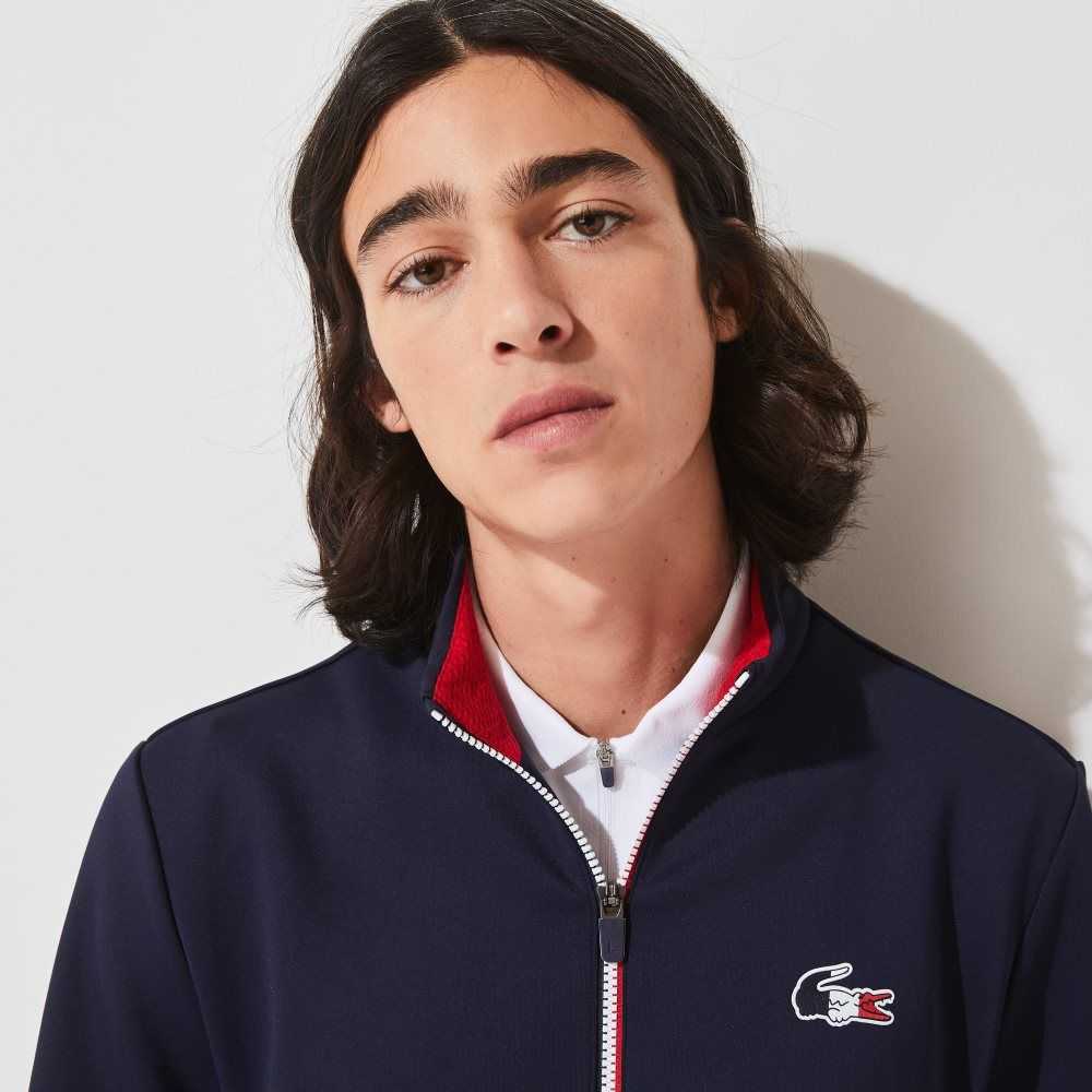 Navy Blue / White / Red Lacoste SPORT French Sporting Spirit Edition Bi-Material Zippered Jacket | BAFQYX-954