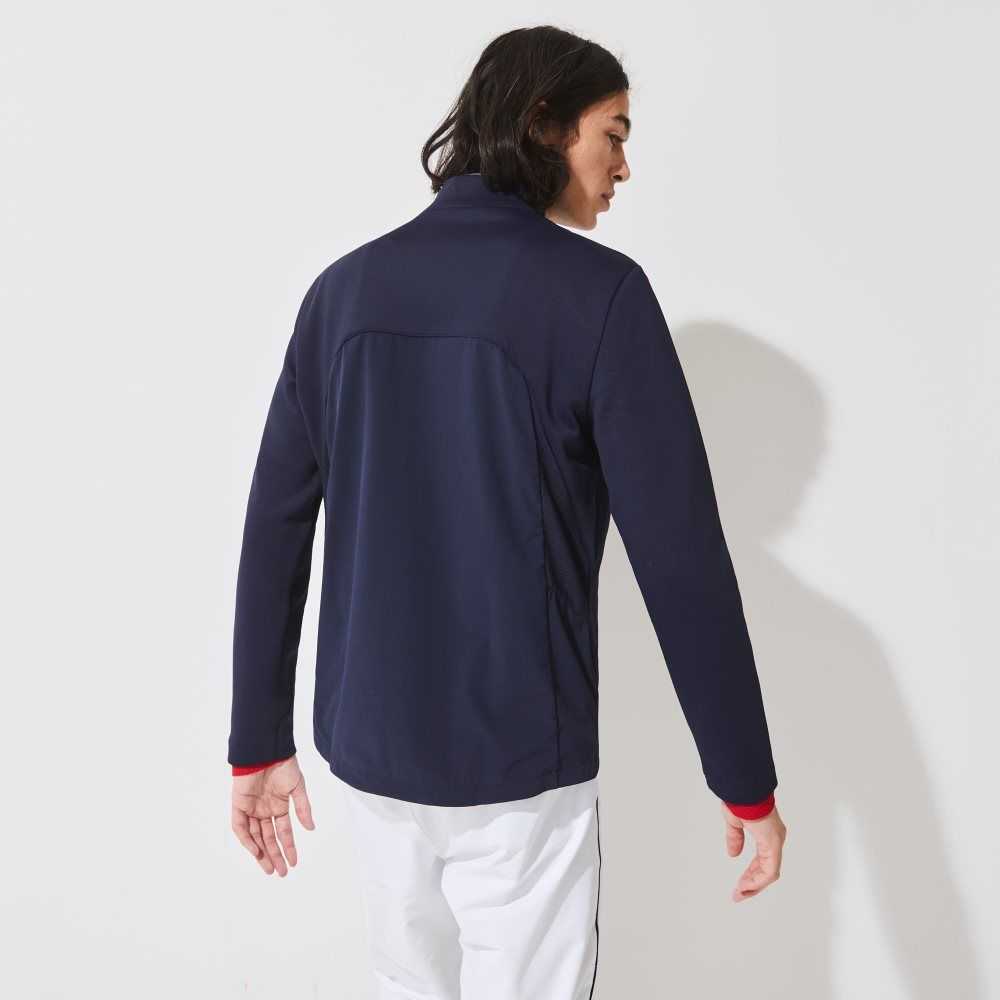 Navy Blue / White / Red Lacoste SPORT French Sporting Spirit Edition Bi-Material Zippered Jacket | BAFQYX-954