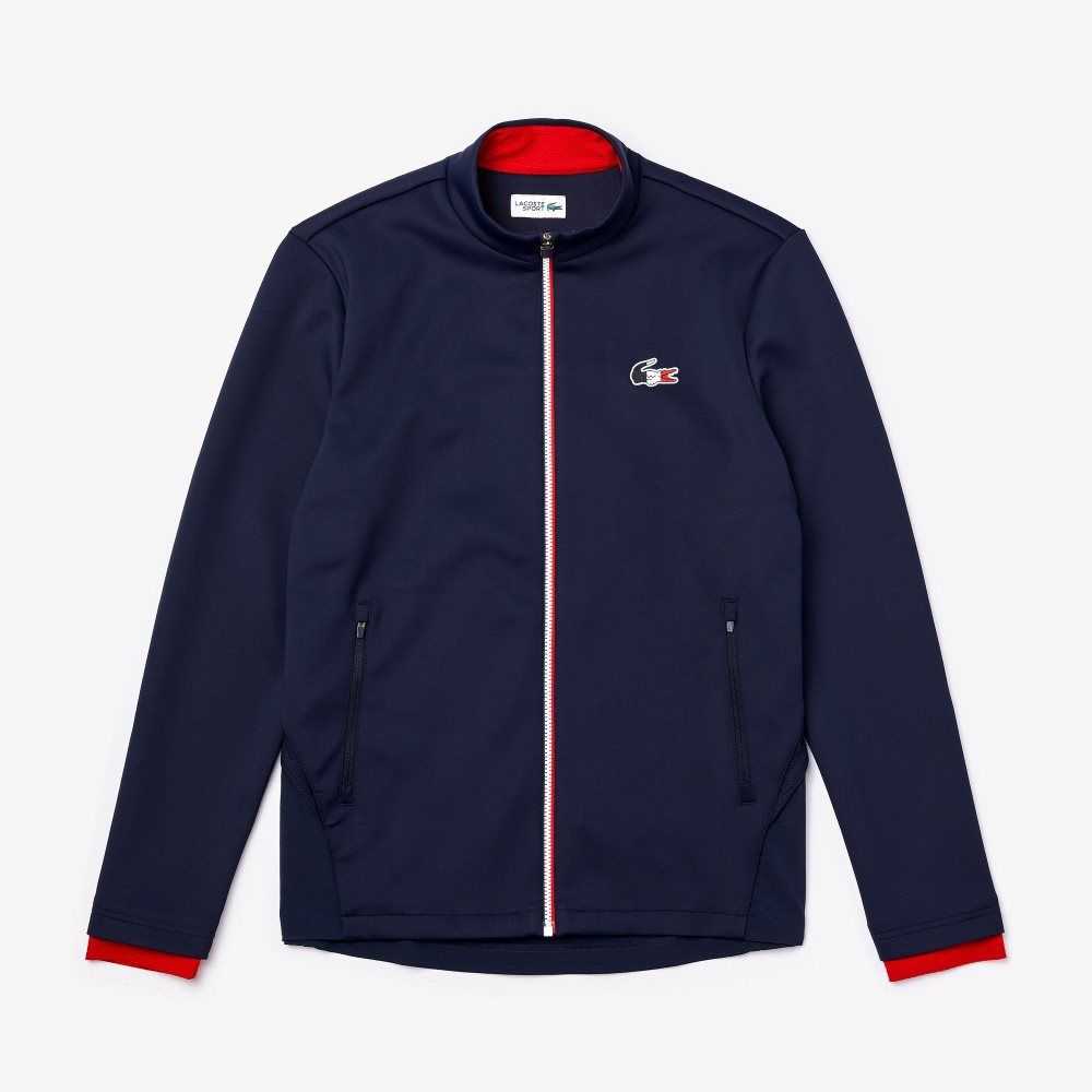 Navy Blue / White / Red Lacoste SPORT French Sporting Spirit Edition Bi-Material Zippered Jacket | BAFQYX-954