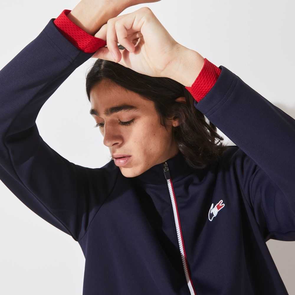 Navy Blue / White / Red Lacoste SPORT French Sporting Spirit Edition Bi-Material Zippered Jacket | BAFQYX-954