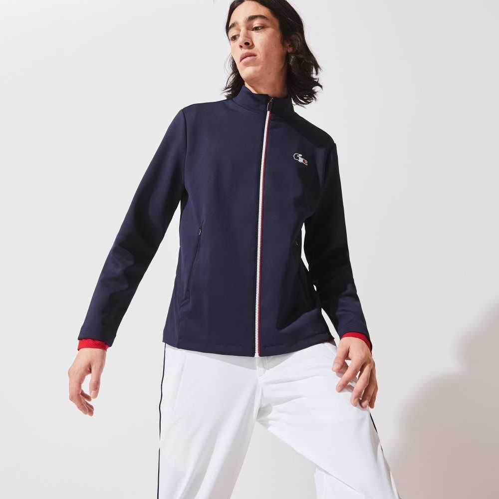 Navy Blue / White / Red Lacoste SPORT French Sporting Spirit Edition Bi-Material Zippered Jacket | BAFQYX-954