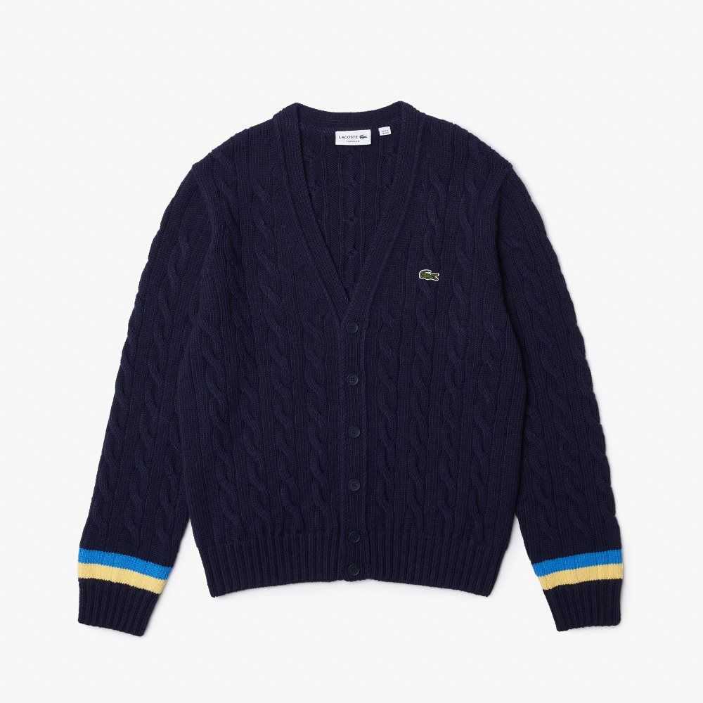 Navy Blue / Yellow / Blue Lacoste Classic Fit Contrast Striped Cardigan | HYISCM-982