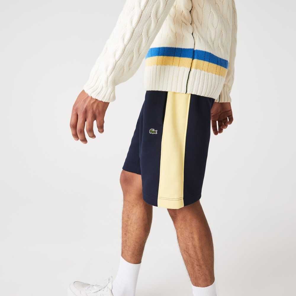 Navy Blue / Yellow Lacoste Color-Block Brushed Fleece Shorts | WRFOGV-703