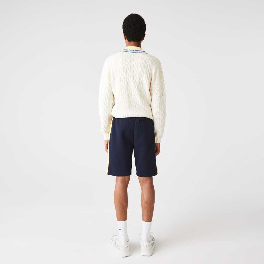 Navy Blue / Yellow Lacoste Color-Block Brushed Fleece Shorts | WRFOGV-703