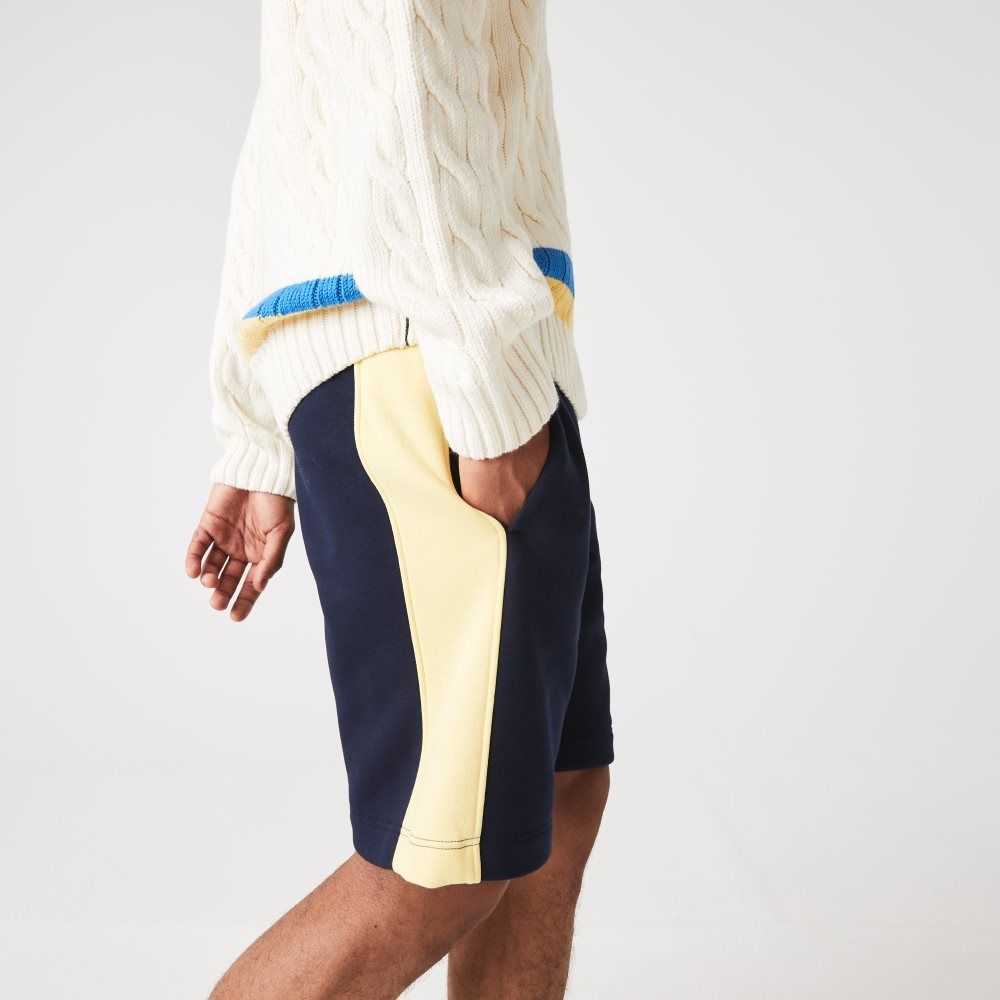 Navy Blue / Yellow Lacoste Color-Block Brushed Fleece Shorts | WRFOGV-703