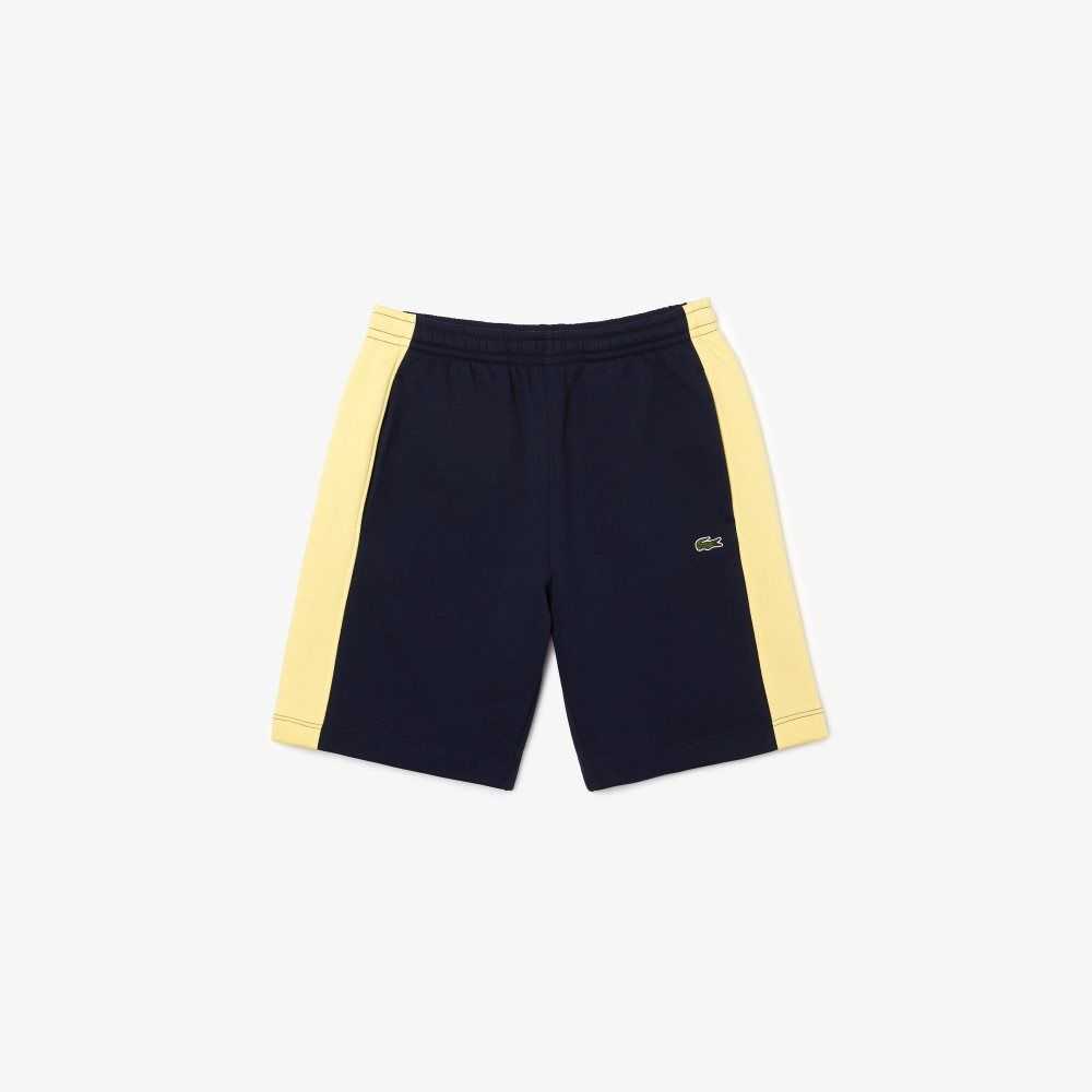 Navy Blue / Yellow Lacoste Color-Block Brushed Fleece Shorts | WRFOGV-703