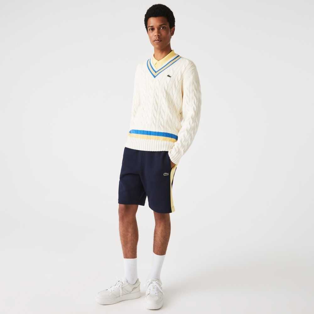 Navy Blue / Yellow Lacoste Color-Block Brushed Fleece Shorts | WRFOGV-703