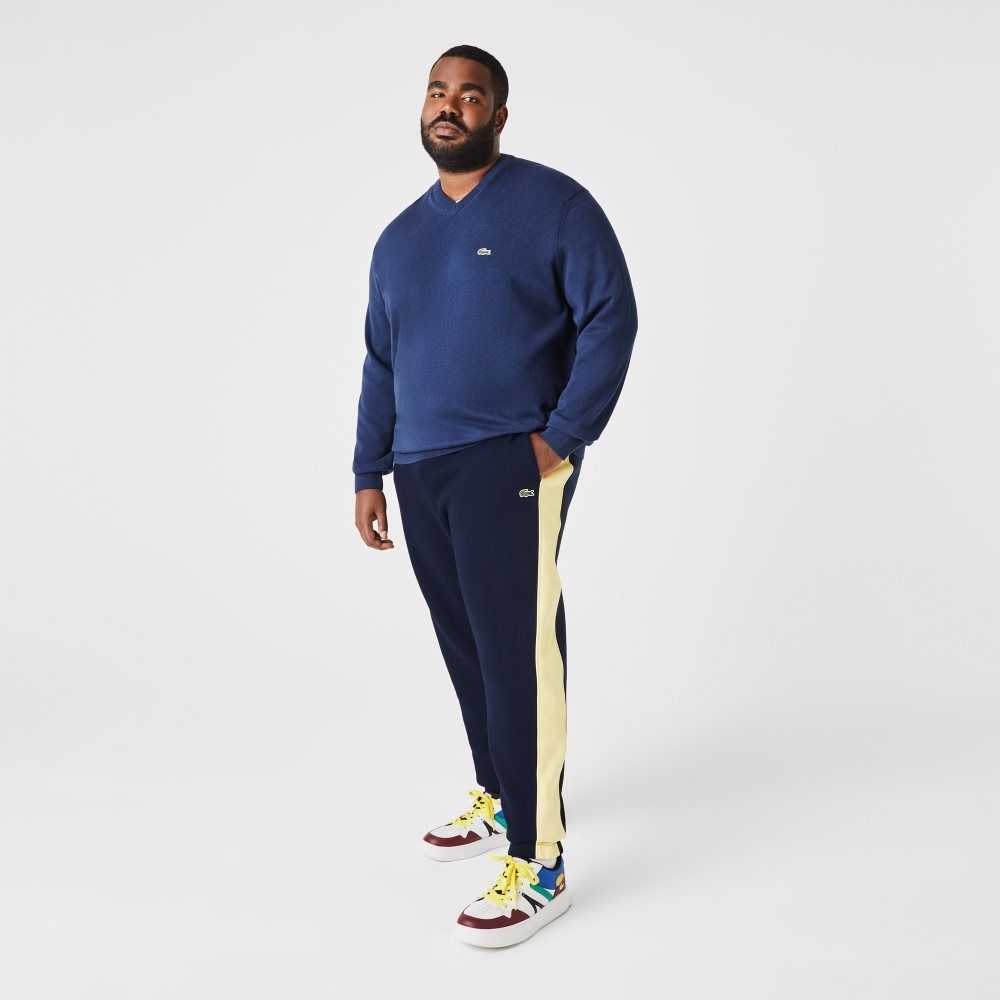 Navy Blue / Yellow Lacoste Contrast Bands Trackpants | OJKBQH-793